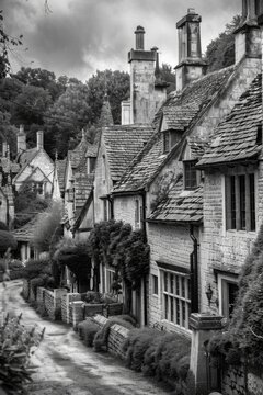 A monochrome image of a quaint village street. Suitable for various projects