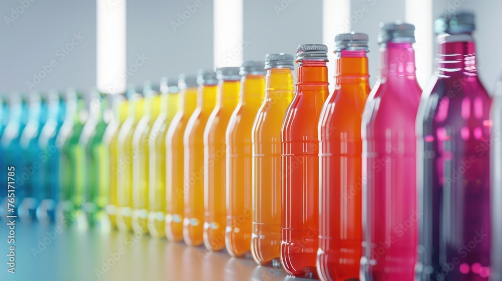 Poster various colored soda bottles lined up on a table, suitable for beverage or party concepts