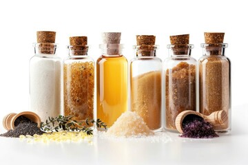 Various types of salts in bottles, ideal for culinary concepts
