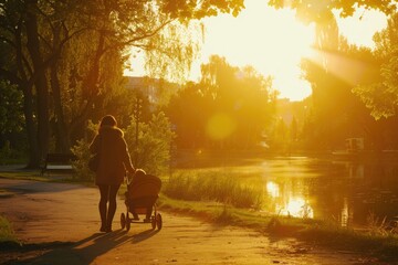 A woman walking with a child in a stroller. Ideal for family and lifestyle concepts