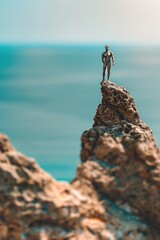Fototapeta na wymiar Toy man standing on top of a rock, suitable for children's educational materials