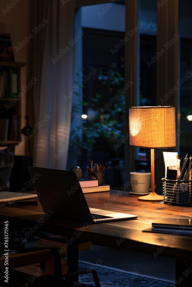 Aufkleber A laptop computer placed on a wooden desk. Suitable for technology and workspace concepts