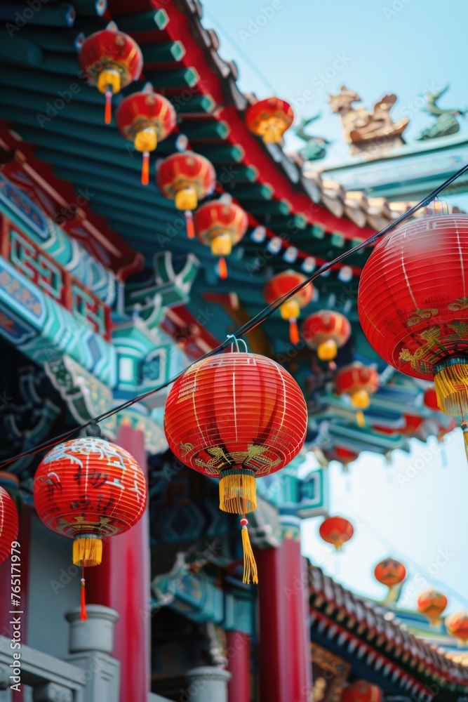 Poster a bunch of red lanterns hanging from a ceiling. suitable for various decorative purposes