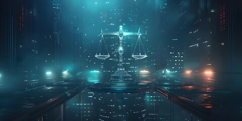 Justice Served: Data Center Background with Law Scales and AI Technology. Concept Data Center, Law Scales, AI Technology, Justice Served