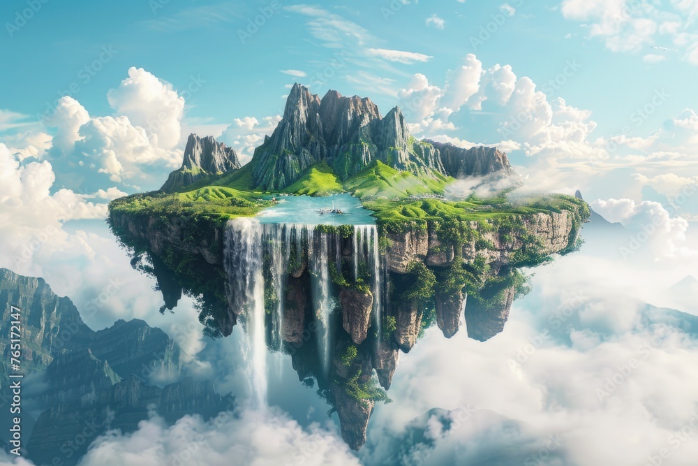Poster a stunning image of an island floating in the air with a beautiful waterfall. perfect for fantasy or