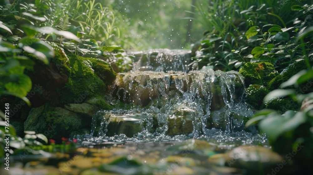 Poster a serene scene of a small waterfall in a lush green forest. ideal for nature and relaxation concepts