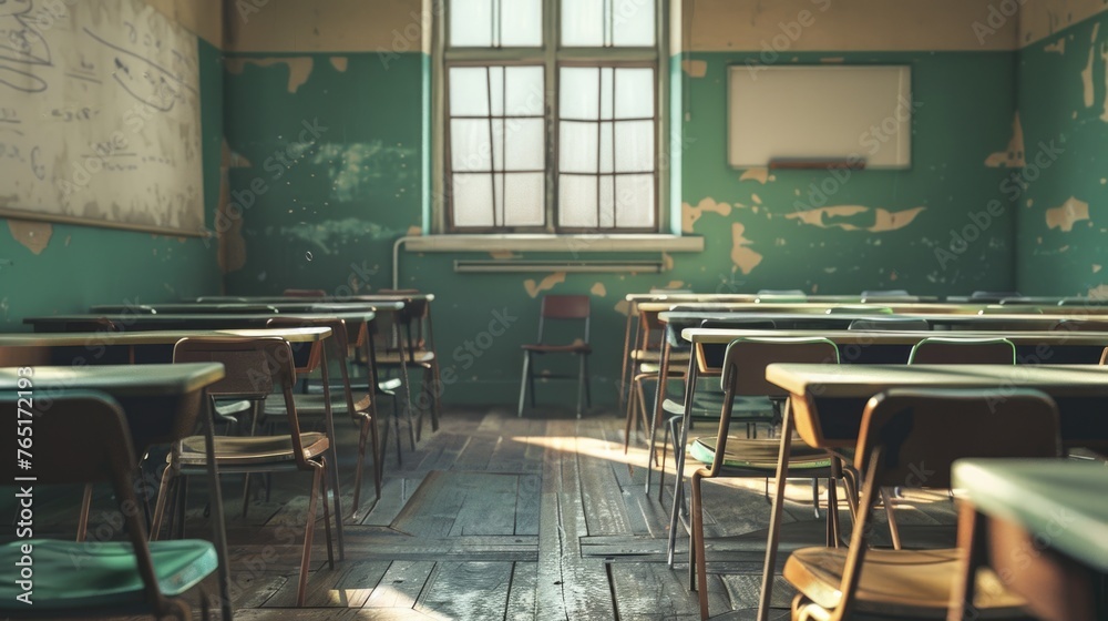 Poster a classroom filled with rows of desks and chairs, suitable for educational concepts