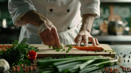 A chef dices vegetables on a wooden chopping board with ingredients scattered around. - obrazy, fototapety, plakaty