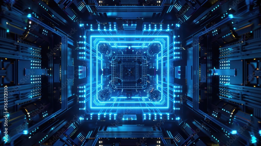 Aufkleber A computer circuit board with blue lights in a dark room. Suitable for technology concepts