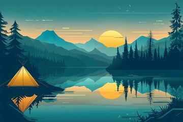 a tent on a lake with mountains and trees - obrazy, fototapety, plakaty