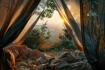 A beautiful sunset seen from inside a tent. Perfect for outdoor enthusiasts - obrazy, fototapety, plakaty