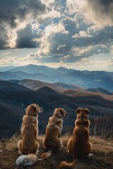 A group of dogs sitting on top of a hill. Suitable for various outdoor and animal related projects