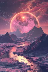 Gardinen A serene painting of a pink moon shining over a majestic mountain range. Perfect for nature lovers and landscape enthusiasts © Fotograf