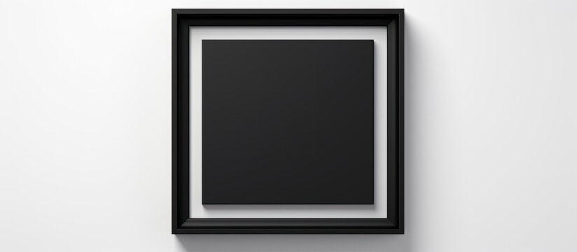 An empty black frame is mounted on a white wall, creating a contrast between the dark frame and the light background