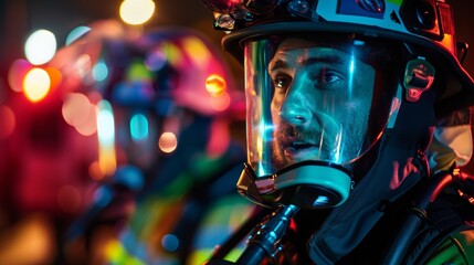 Firefighter in full gear with colorful bokeh lights. Professional portrait with a focus on safety and emergency response concept - obrazy, fototapety, plakaty