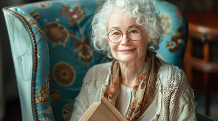 A content elderly woman in glasses holds a book, sitting in a decorative armchair.