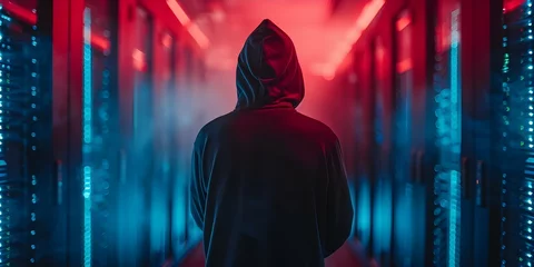 Foto op Aluminium A hooded hacker infiltrates a futuristic citys government data servers infecting them with a virus. Concept Futuristic Cyberattack, Hacker Intrusion, Government Data Breach, Virus Infection © Ян Заболотний