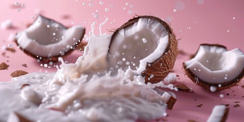 A splash of milk being poured into a coconut. Suitable for food and beverage concepts