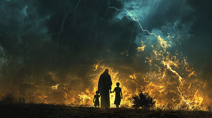 tempestade ao fundo, Jesus iluminado protege a família - obrazy, fototapety, plakaty