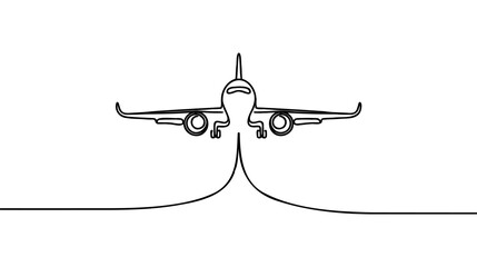 Airplane continuous line sketch on white background.