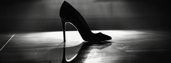 Black high heels placed on wooden floor, suitable for fashion and lifestyle concepts - obrazy, fototapety, plakaty