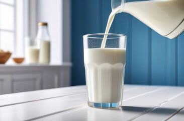 glass into which milk is poured on white wooden table