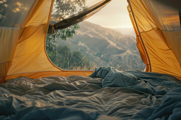 A tent with a breathtaking view of the mountains. Ideal for outdoor and adventure concepts - obrazy, fototapety, plakaty
