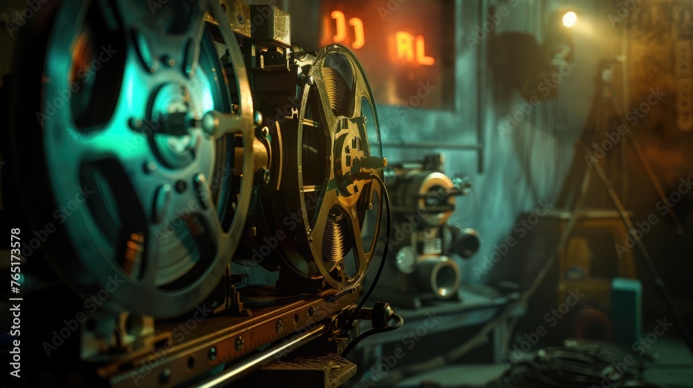 Aufkleber An antique movie projector with a clock displayed on top. Suitable for illustrating time management concepts