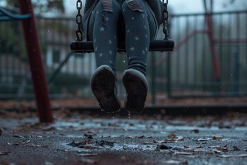 A person sitting on a swing in the rain. Suitable for various concepts - obrazy, fototapety, plakaty
