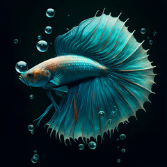 amazing bright azur color Betta fish with long tail and fins posing against black background. close up. Digital artwork in paint style.  Ai generated
