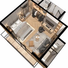 design of a 3-room apartment 96 square meters with a dressing room in the large bedroom and a guest bedroom