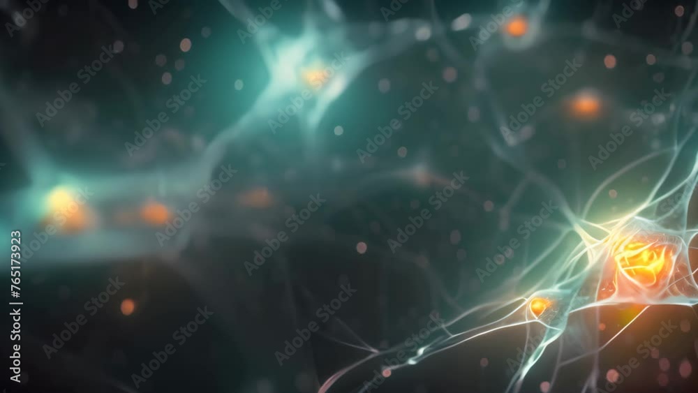 Poster 3d rendering of neuron cell with glowing particles, computer generated abstract background, backgrou