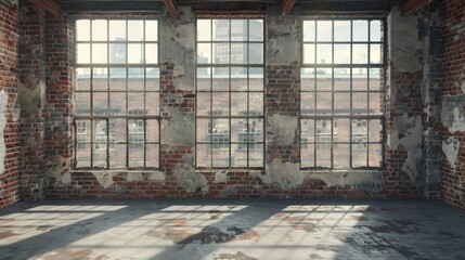 Interior of a room with a window and brick wall. Suitable for real estate or architecture concepts