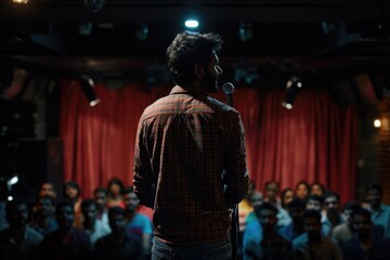 Obraz premium A man standing in front of a crowd, suitable for business concepts