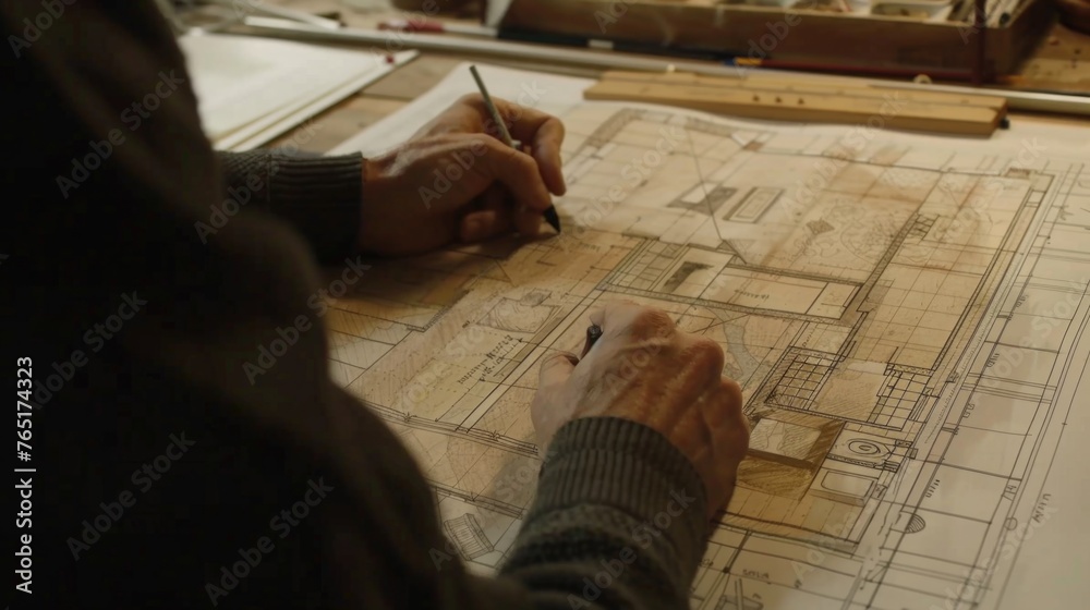 Poster A man focused on drawing a house blueprint. Ideal for construction and architecture concepts