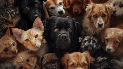 A large group of cats and dogs together. Perfect for animal lovers