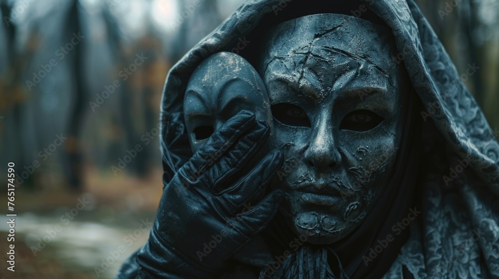 Poster a person in a hooded jacket holding a pair of masks. suitable for various themed events