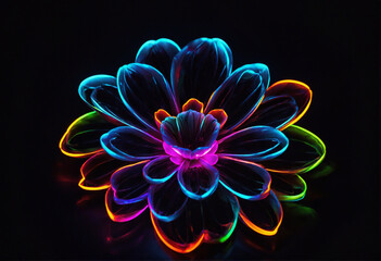 Glowing neon flower isolated on plain black background