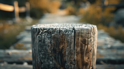 Detailed view of a wooden post on a road, suitable for transportation concepts