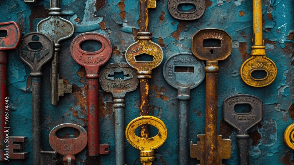 Aufkleber a collection of old rusty keys hanging on a blue wall. suitable for various concepts and designs