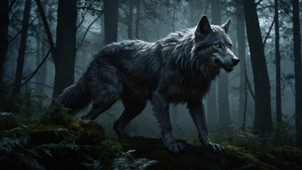 A werewolf, its fur a blend of moonlit silver and shadowy black, standing amidst a dark, enchanted forest.
