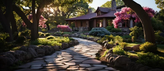 Selbstklebende Fototapeten A stone garden path winds through the home's backyard © GoDress