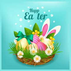 Vector Illustration of Happy Easter Holiday with Painted Egg, Rabbit Ears and Flower on Shiny Blue Background. International Celebration Design with Typography for Greeting Card, Party Invitation