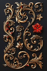 Elegant gold and red floral design on a black backdrop, perfect for luxury and festive themes