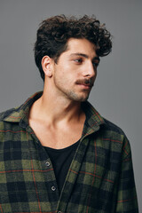 Obraz premium Man shirt smile expression fashion young portrait face hipster handsome hair copyspace caucasian trendy