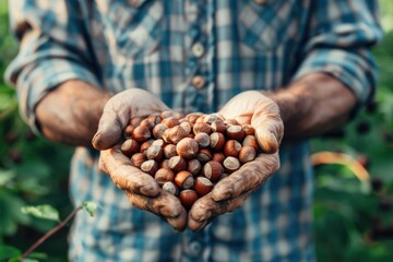 A man holding a handful of nuts. Suitable for food and nutrition concepts - obrazy, fototapety, plakaty