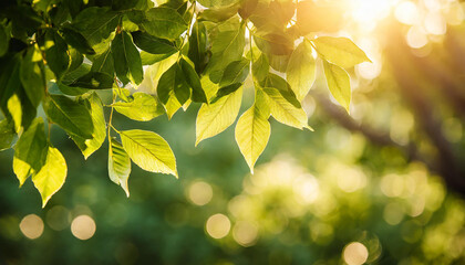 Obraz premium Summer abstract background with bright yellow leaves and sunshine, bokeh and glow on backdrop.