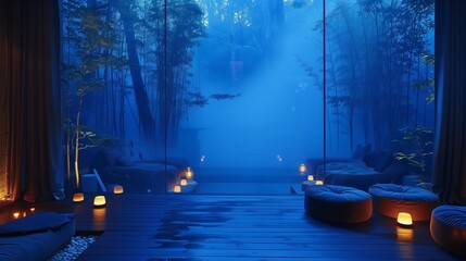 A beautiful balcony in a house in a bamboo forest on a misty evening with candles and cushions