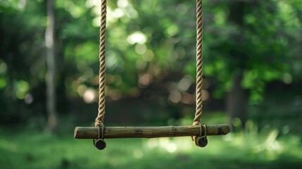 A wooden swing hanging from a rope in a park. Ideal for outdoor and nature concepts - obrazy, fototapety, plakaty