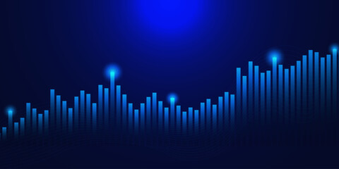 Business increase of positive indicators and analyzing financial and investment data with candle stick graph chart on blue background. - obrazy, fototapety, plakaty